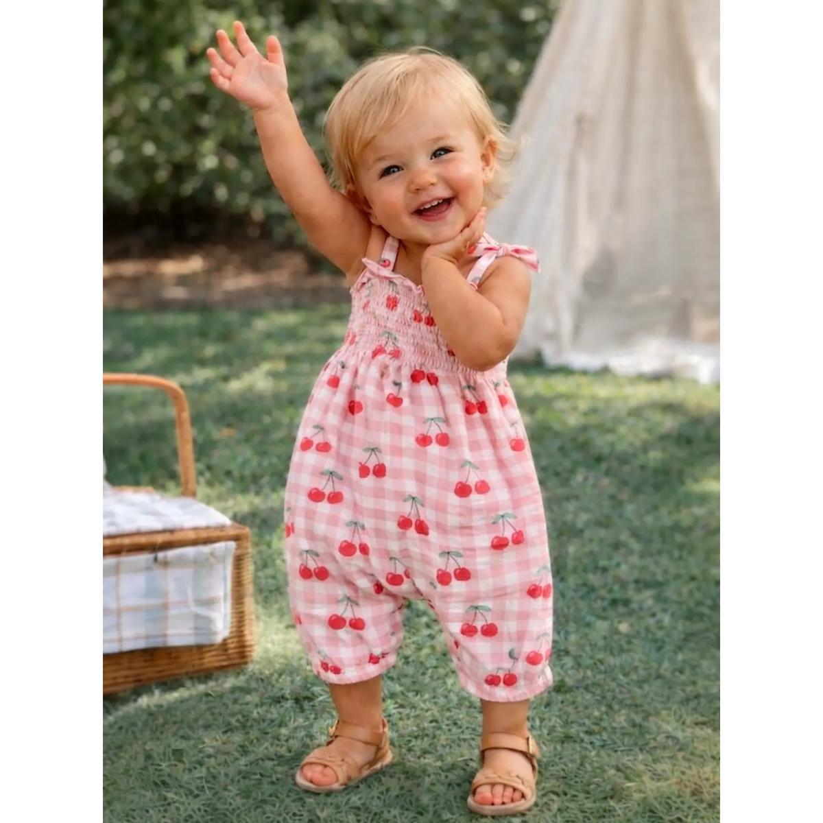 Gingham Cherries Muslin Smocked Jumpsuit